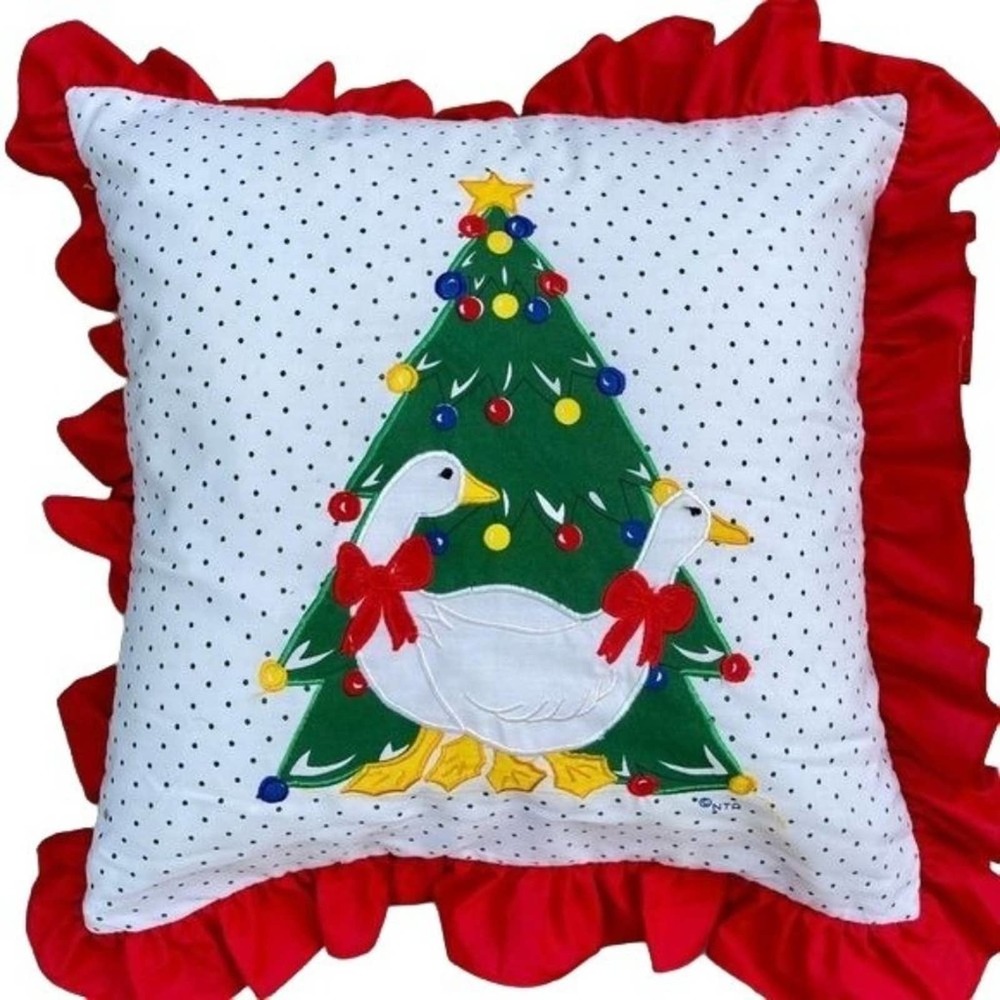 Vintage Pillow Sham Duck Christmas Tree Red Ruffle Polka Dots Fits 12x12 pillow